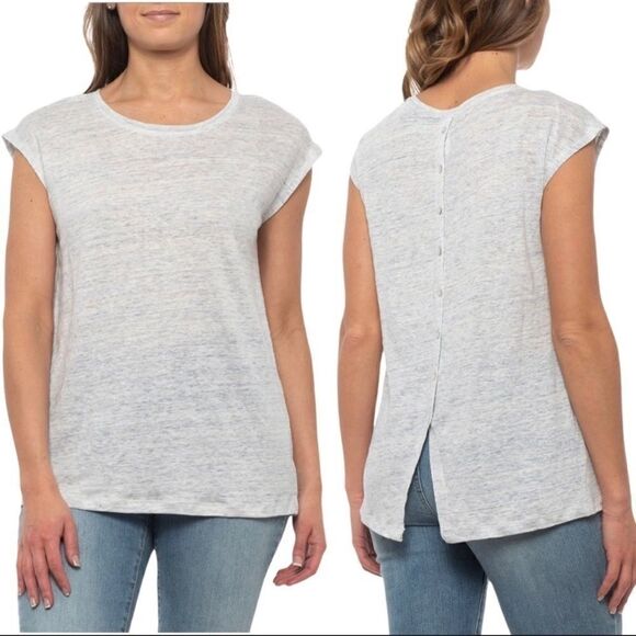 Tahari Tan Linen Space Dye Tuxedo Hem Short Sleeve Top Sz M - Picture 1 of 11